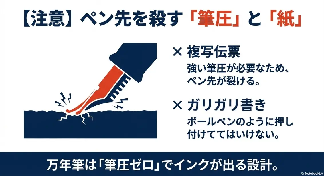 ペン先を傷める原因となる強い筆圧と複写伝票への使用