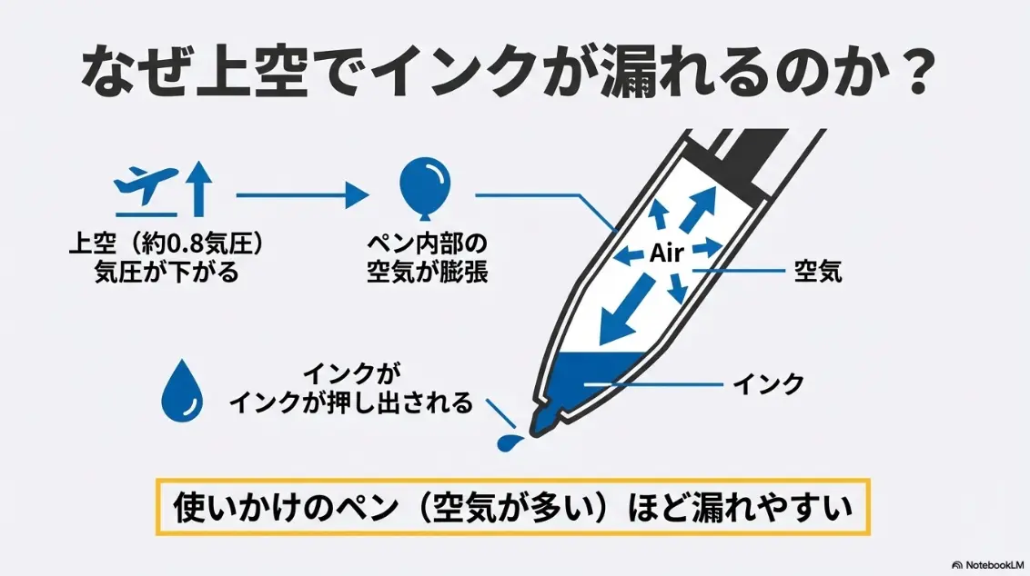 上空の気圧低下によってペン内部の空気が膨張しインクが漏れる仕組みの図解