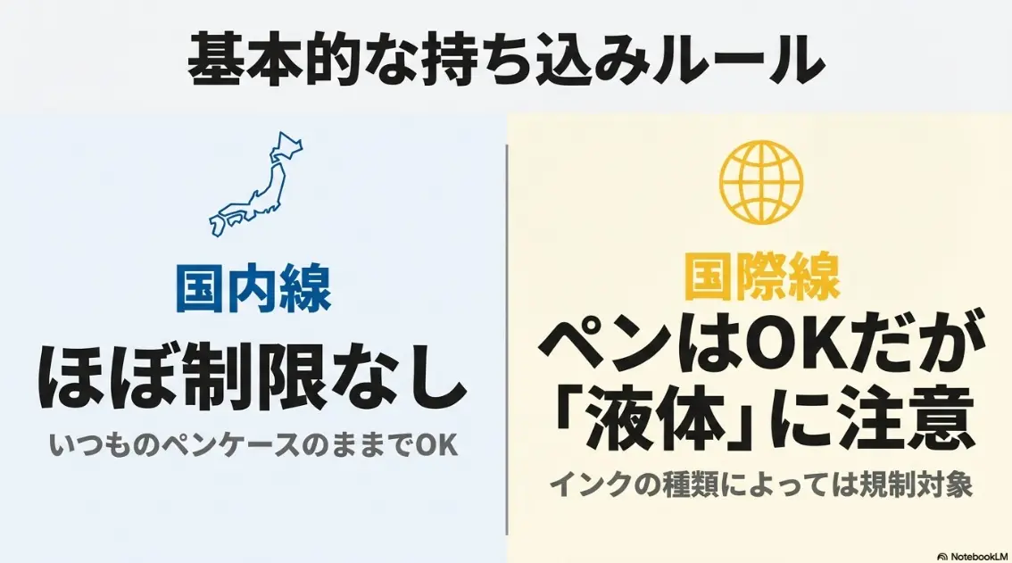 国内線と国際線のボールペン持ち込みルールの違い比較表