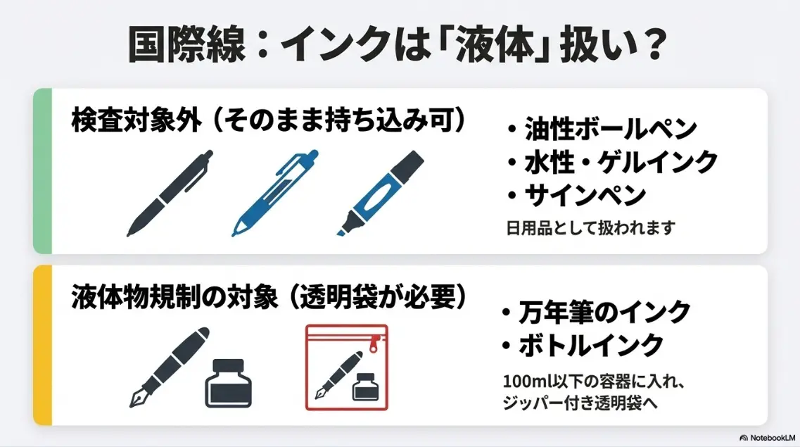 国際線におけるボールペンと万年筆インクの液体物扱い区分