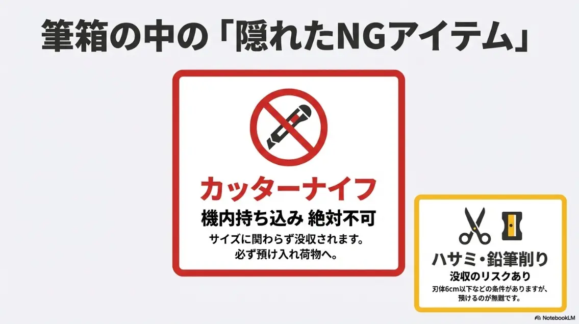 筆箱の中の隠れたNGアイテム(カッターナイフ・ハサミ・鉛筆削り)の持ち込み制限