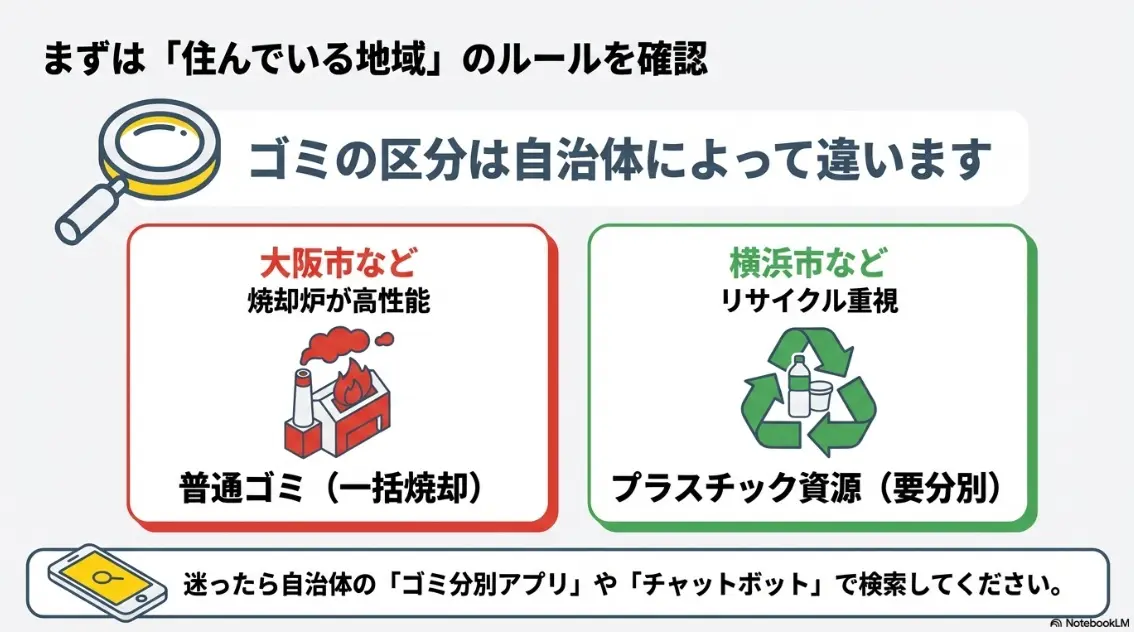 ゴミの区分は自治体によって違います。高性能焼却炉の大阪市は普通ゴミ一括焼却、リサイクル重視の横浜市はプラスチック資源など。