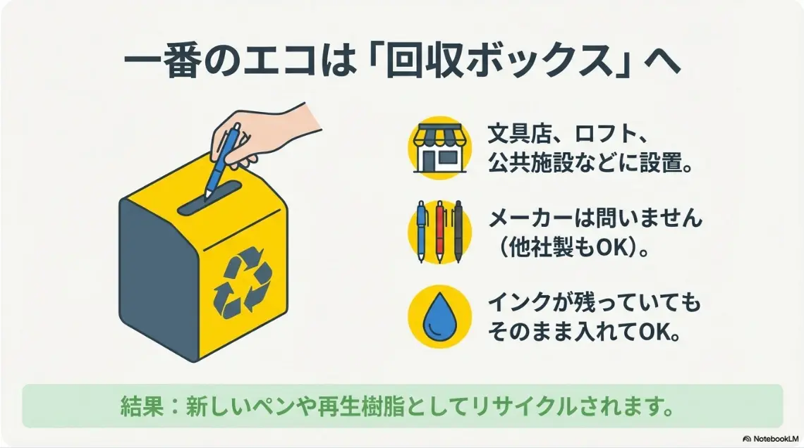 一番のエコは回収ボックスへ。文具店やロフトなどに設置されており、メーカー問わずインクが残っていても回収可能です。