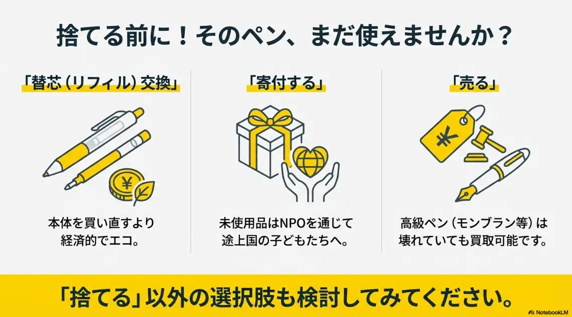 捨てる前にそのペンはまだ使えませんか?替芯の交換、NPOへの寄付、高級ペンの買取など捨てる以外の選択肢も検討しましょう。